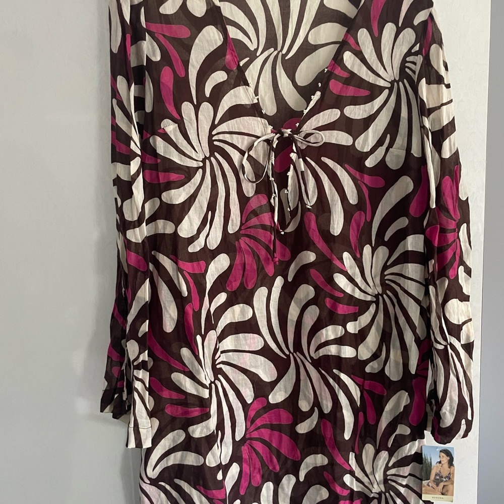 Brown and Pink Floral Tunic Top Swim Cover-up